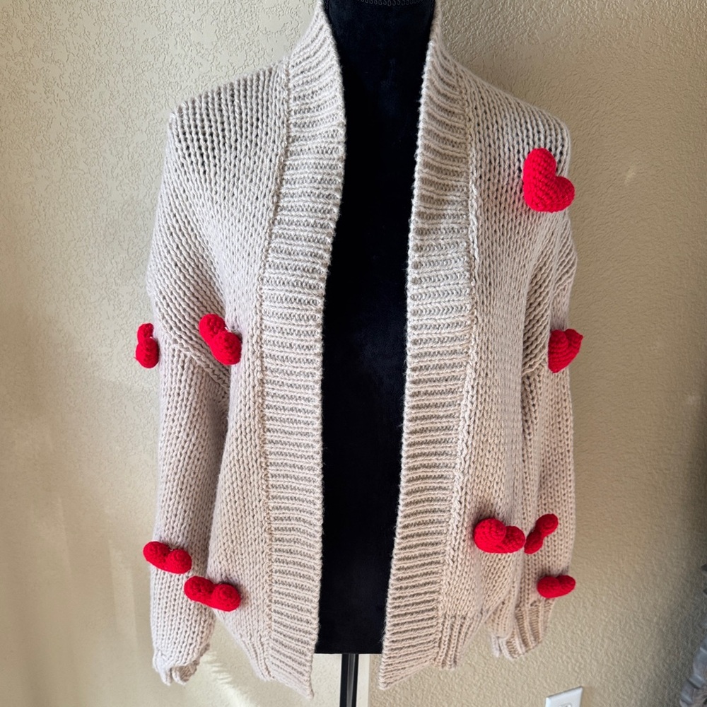 New Without Tags Anthropologie Maeve Cream Cardigan with Red Heart Details